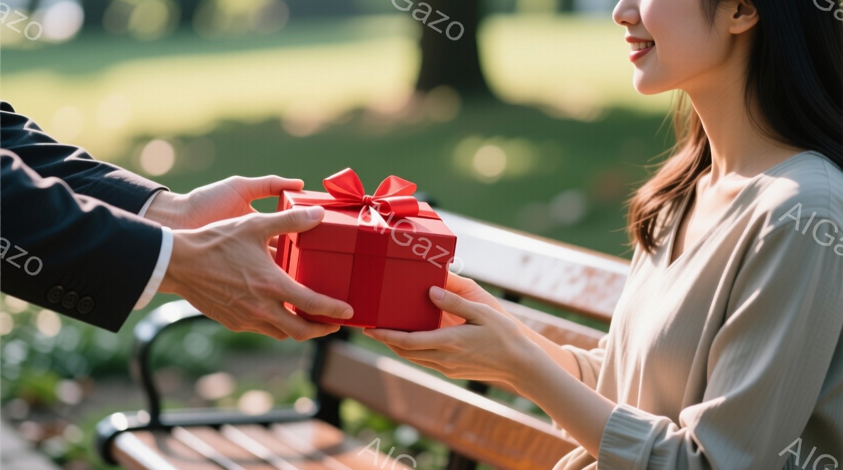 一人の男性が赤いリボンで結ばれた赤いギフトボックスを、ベンチに座っている女性に手渡そうとしています。女性は笑顔でギフトを受け入れようとしており、明るいベージュ色のシャツを着ています。背景には緑豊かな木 - AI生成フリー素材