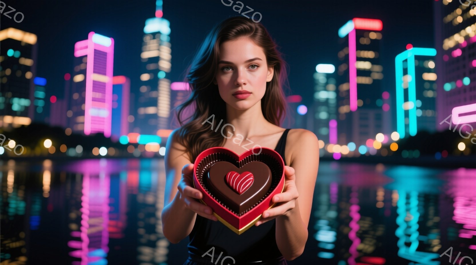 長い髪を後ろに流した女性が、ハート型のチョコレートを正面に向けて両手で持っている。彼女は黒いドレスを着ており、少し挑発的な表情をしている。背景には夜景の都市が広がり、水面に反射した光が幻想的な雰囲気を醸し出している。