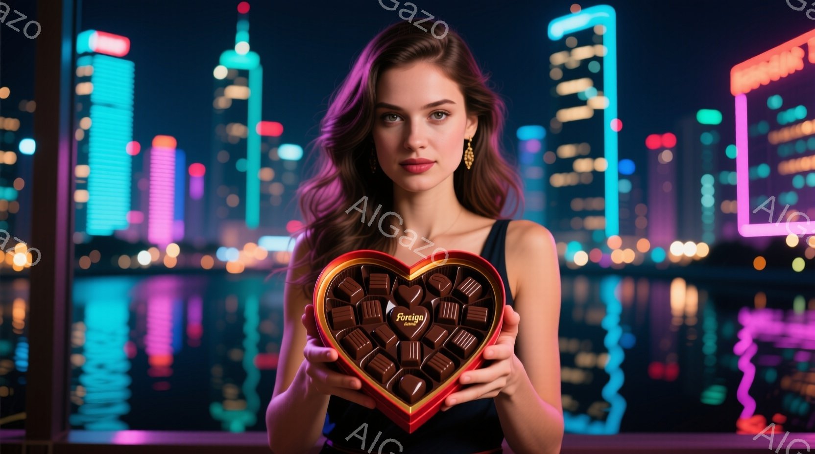 長い巻き毛の女性が、ハート型のチョコレートの箱を正面に向けて両手で持っています。彼女は黒いドレスを着ており、耳には金色のドロップ型のイヤリングが光っています。背景には、夜の街並みと水面がぼやけており、ネオンライトが光り、ロマンチックで華やかな雰囲気を醸し出しています。