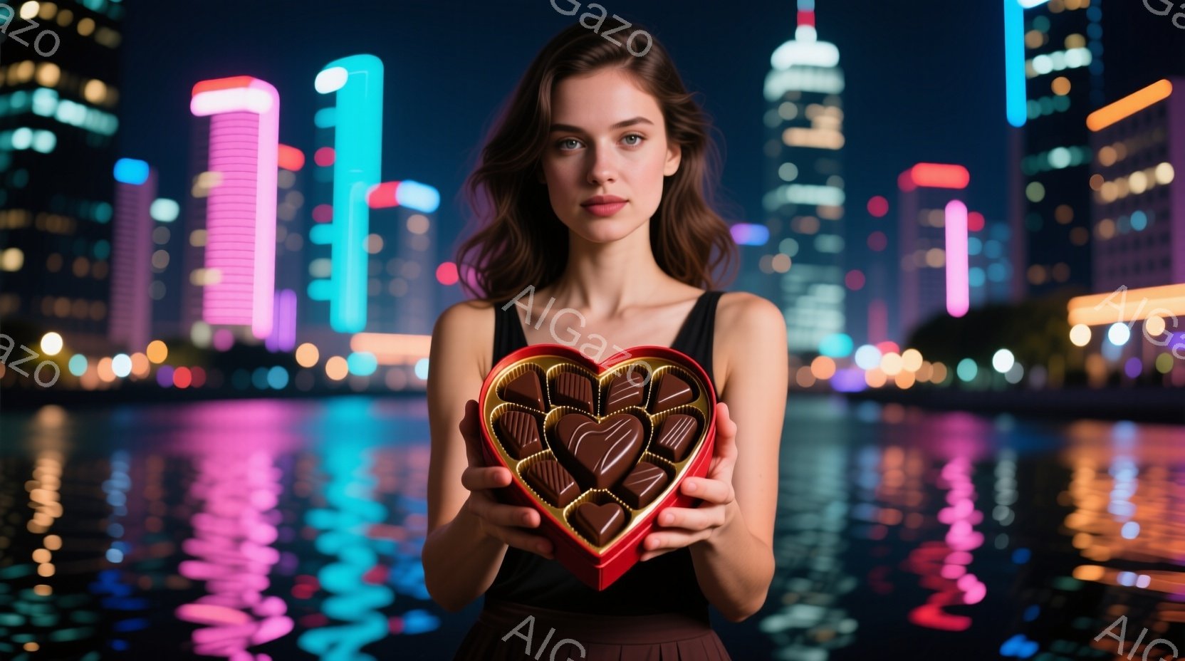 長髪の女性が、赤いハート型のチョコレートボックスを両手で持っている。彼女は黒いトップスとスカートを着用し、穏やかな表情でカメラを見つめている。背景には、夜の都市のスカイラインが光り輝き、水面に反射して - AI生成フリー素材