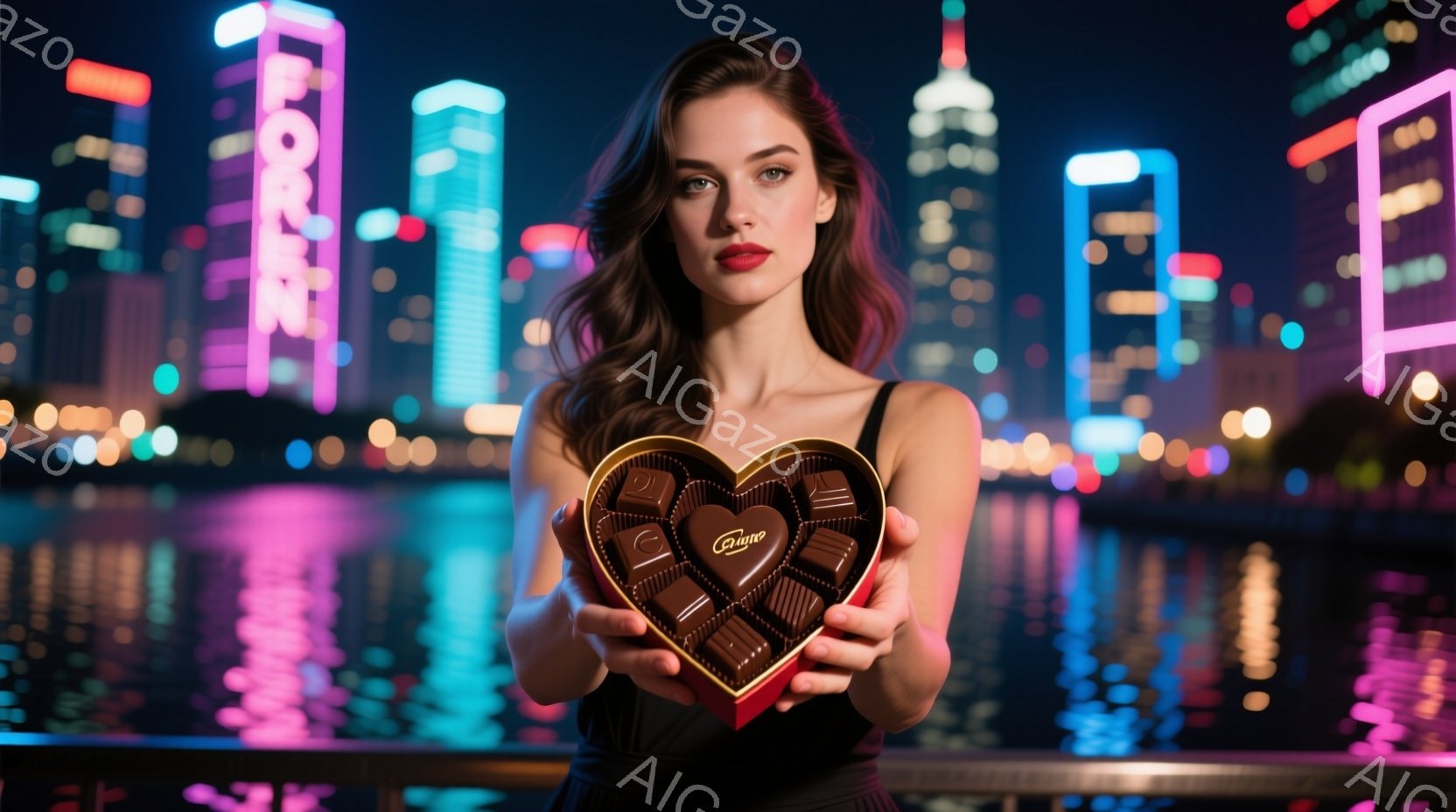 黒いドレスを着た女性がハート型の赤い箱を持って微笑んでいます。背景は夜景の都市で、ネオンライトが水面に反射して幻想的な雰囲気を醸し出しています。女性は自信に満ちた表情で、カメラに向かって箱を差し出して - AI生成フリー素材