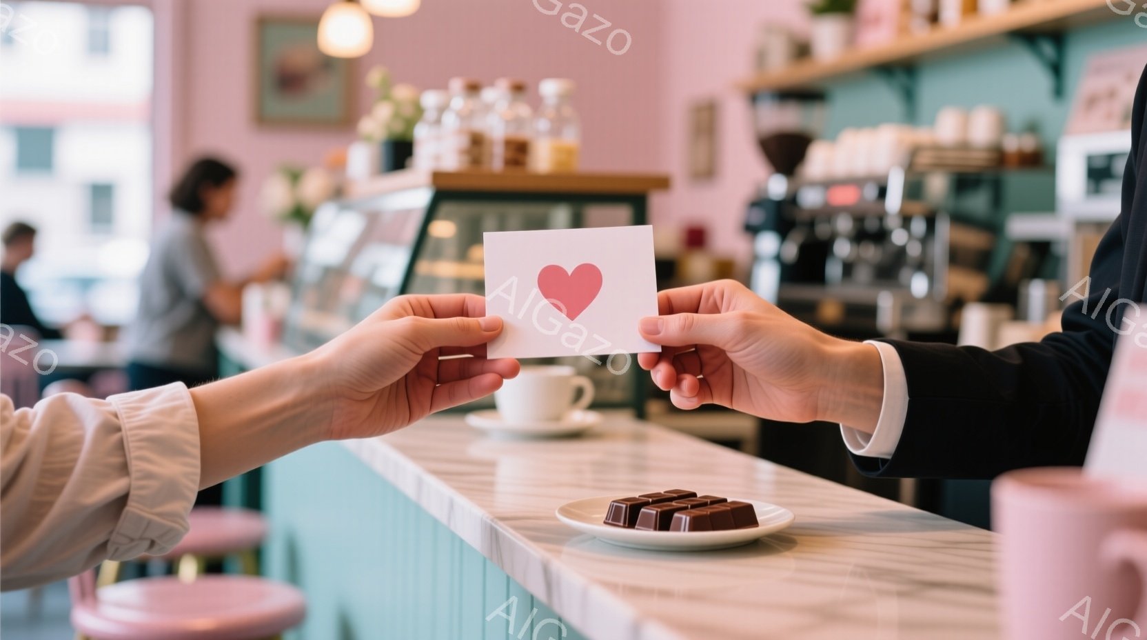 明るいカフェのカウンターで、一組の手が赤いハートが描かれたカードを交換しようとしている様子が写っている。片方の手は明るい色のシャツを着ており、もう片方の手は黒いジャケットと白いシャツを着ている。カウン - AI生成フリー素材