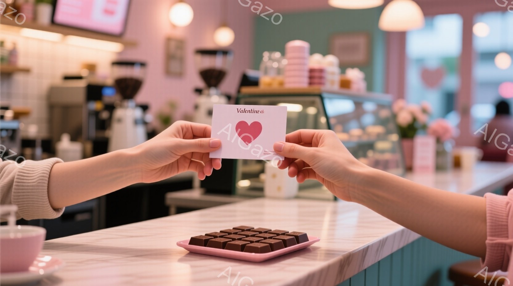 バレンタインデーのカードが二人の手の間に掲げられています。背景には、チョコレートが並んだトレイと、ピンクを基調とした可愛らしいカフェのカウンターが見えます。全体的に、甘くてロマンチックな雰囲気が漂っています。