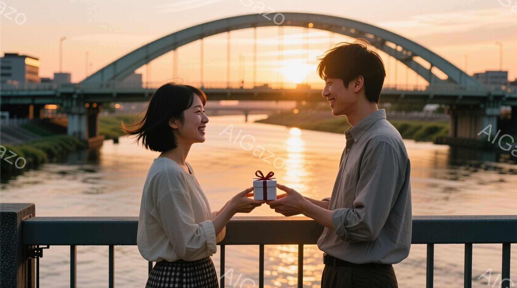 橋の上で、若い女性がプレゼントを受け取ろうとしている様子が描かれています。女性は明るい色のブラウスにチェック柄のスカートを着用し、笑顔でプレゼントを見つめています。男性はシャツに黒いズボンを履いており、プレゼントを両手で差し出しています。背景には川と夕焼け空、そして橋が広がり、穏やかでロマンチックな雰囲気を醸し出しています。