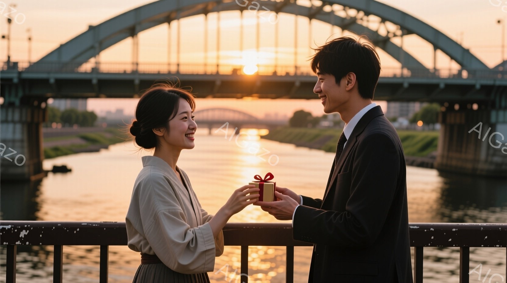 若い女性は明るい色の着物を着ており、髪を後ろでまとめている。彼女は微笑みながら、男性からプレゼントを受け取ろうとしている。背景には川と橋が見え、夕焼け空が暖かく、ロマンチックな雰囲気を醸し出している。 - AI生成フリー素材