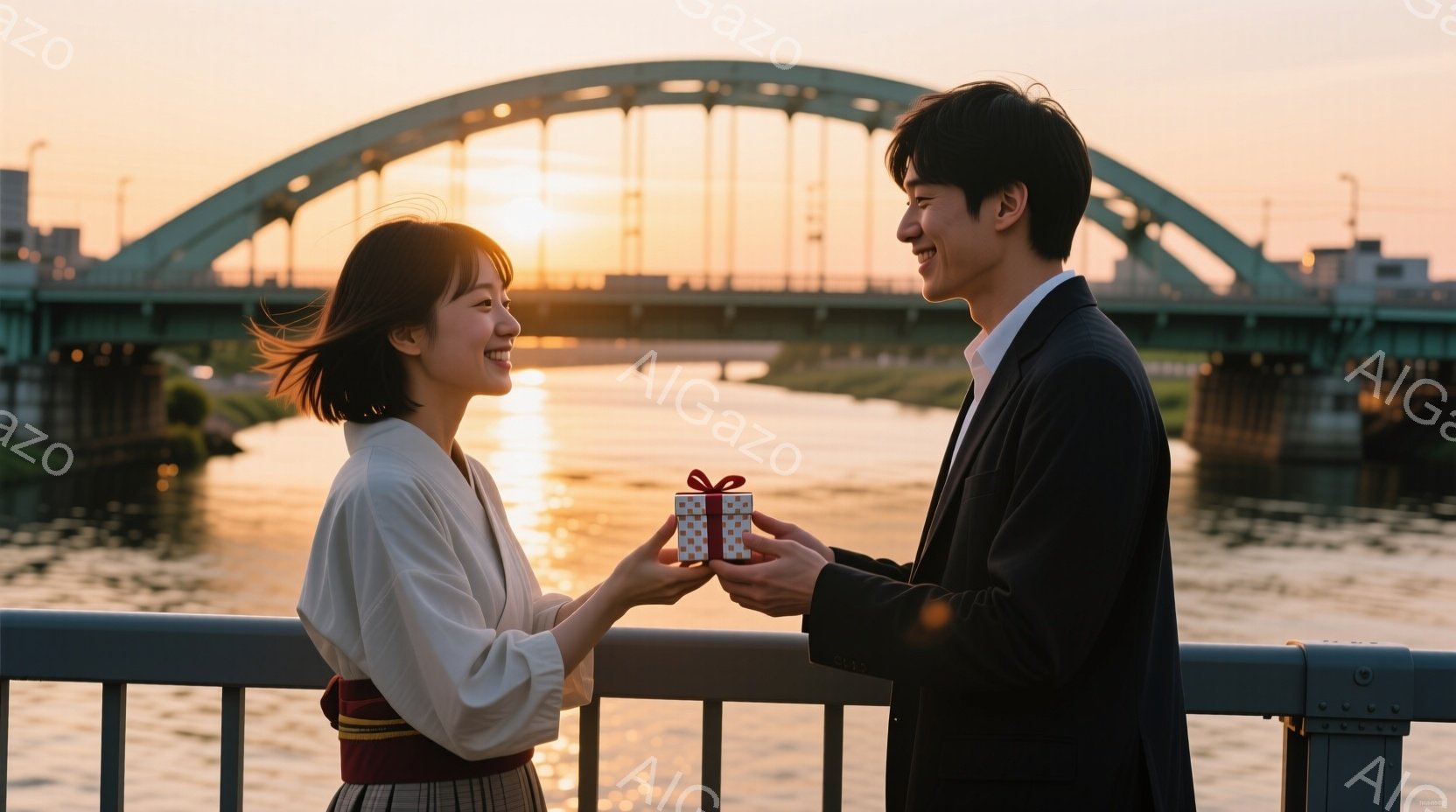 浅草の隅田川にかかる橋を背景に、若い女性と男性が贈り物交換をしている場面です。女性は薄いピンク色の着物を着ており、髪は後ろで緩くまとめられています。男性は黒いスーツ姿で、女性に向かって小さな赤い箱のプレゼントを差し出しており、二人とも微笑みを浮かべています。