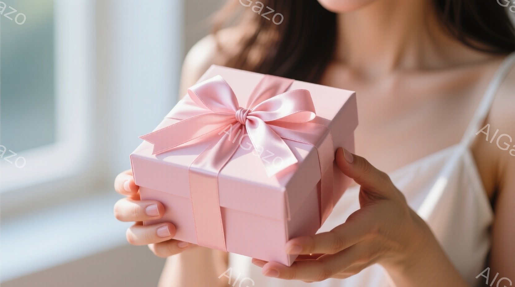 柔らかい光の中で、女性がピンク色のギフトボックスを両手で抱えています。彼女は白いストラップの服を着ており、髪は後ろでゆるくまとめられています。背景はぼやけており、暖かく穏やかな雰囲気が漂っています。
