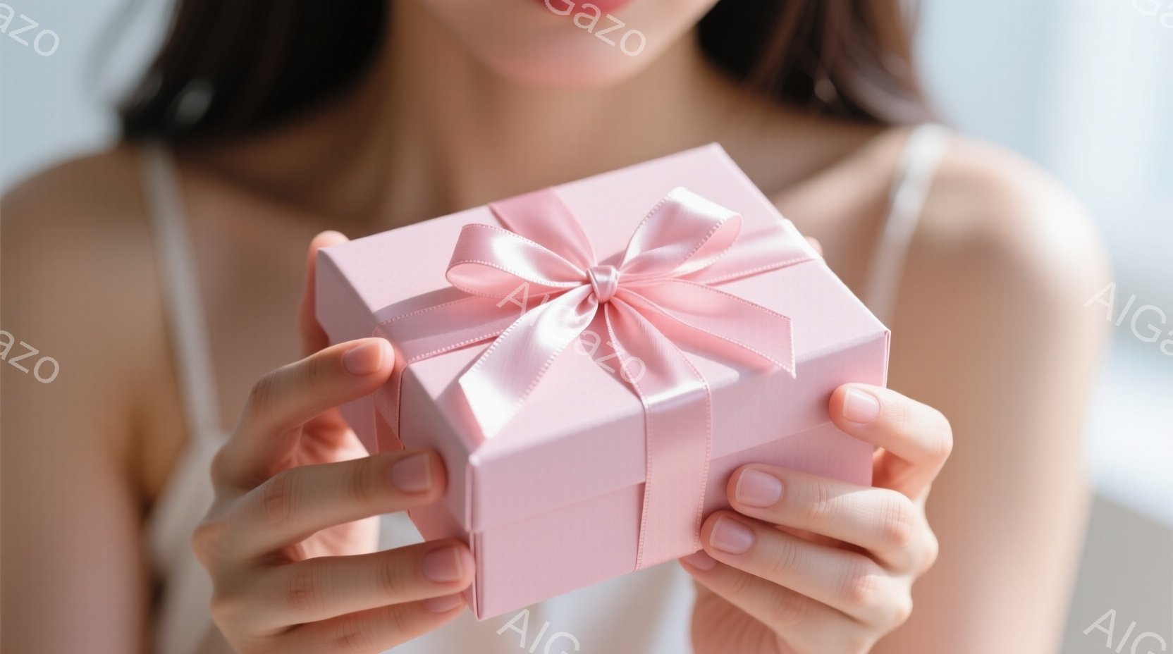 薄いピンク色のギフトボックスを両手で持っている女性が写っています。彼女は白いキャミソールを着ており、髪は後ろでまとめられています。背景はぼやけていますが、明るい室内であることはわかります。