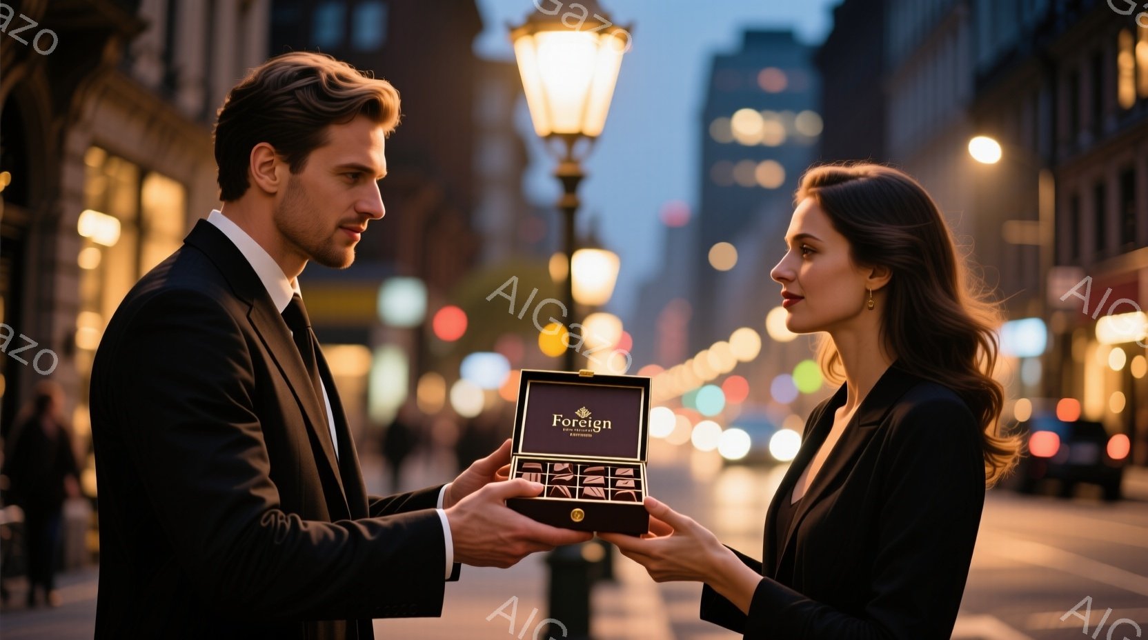 夜の街並みを背景に、男性が女性にチョコレートの箱を手渡している場面だ。男性は黒いスーツにネクタイで身を包み、女性は黒いコートを着ており、共に洗練された大人の雰囲気を醸し出している。背景にはぼやけた街灯 - AI生成フリー素材