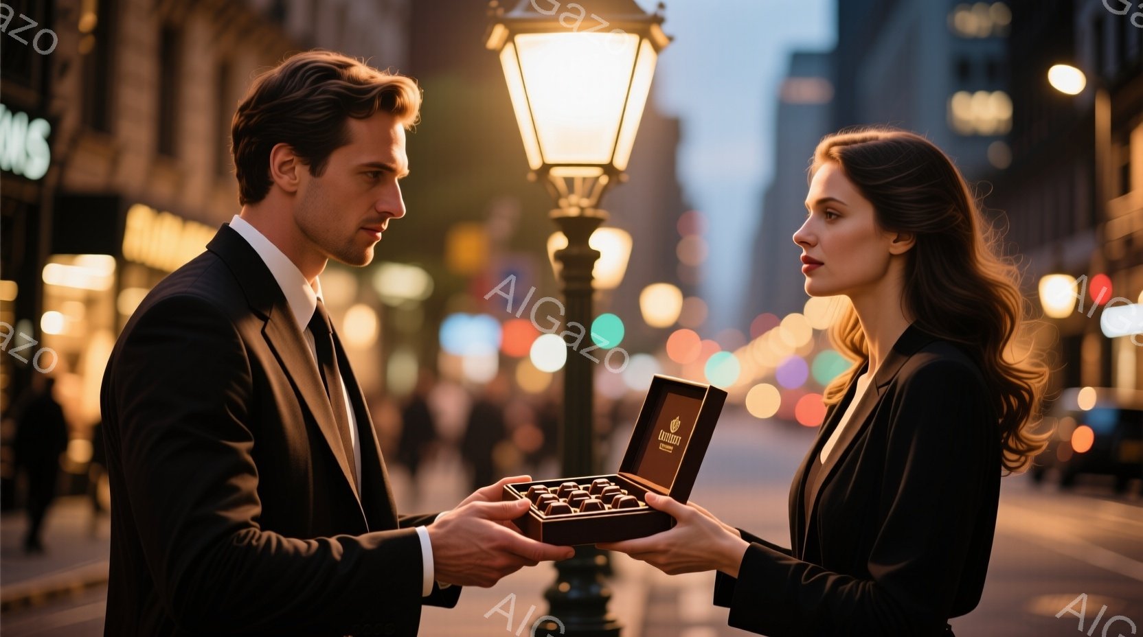 この画像では、一組の男女が夜の街角でチョコレートの箱を交換しようとしている場面が描かれています。男性は黒いスーツにネクタイ、女性は黒いジャケットを着ており、ともに洗練された装いをしています。背景にはぼやけた都市の風景が広がり、街灯の光が暖かく、ロマンチックな雰囲気を醸し出しています。