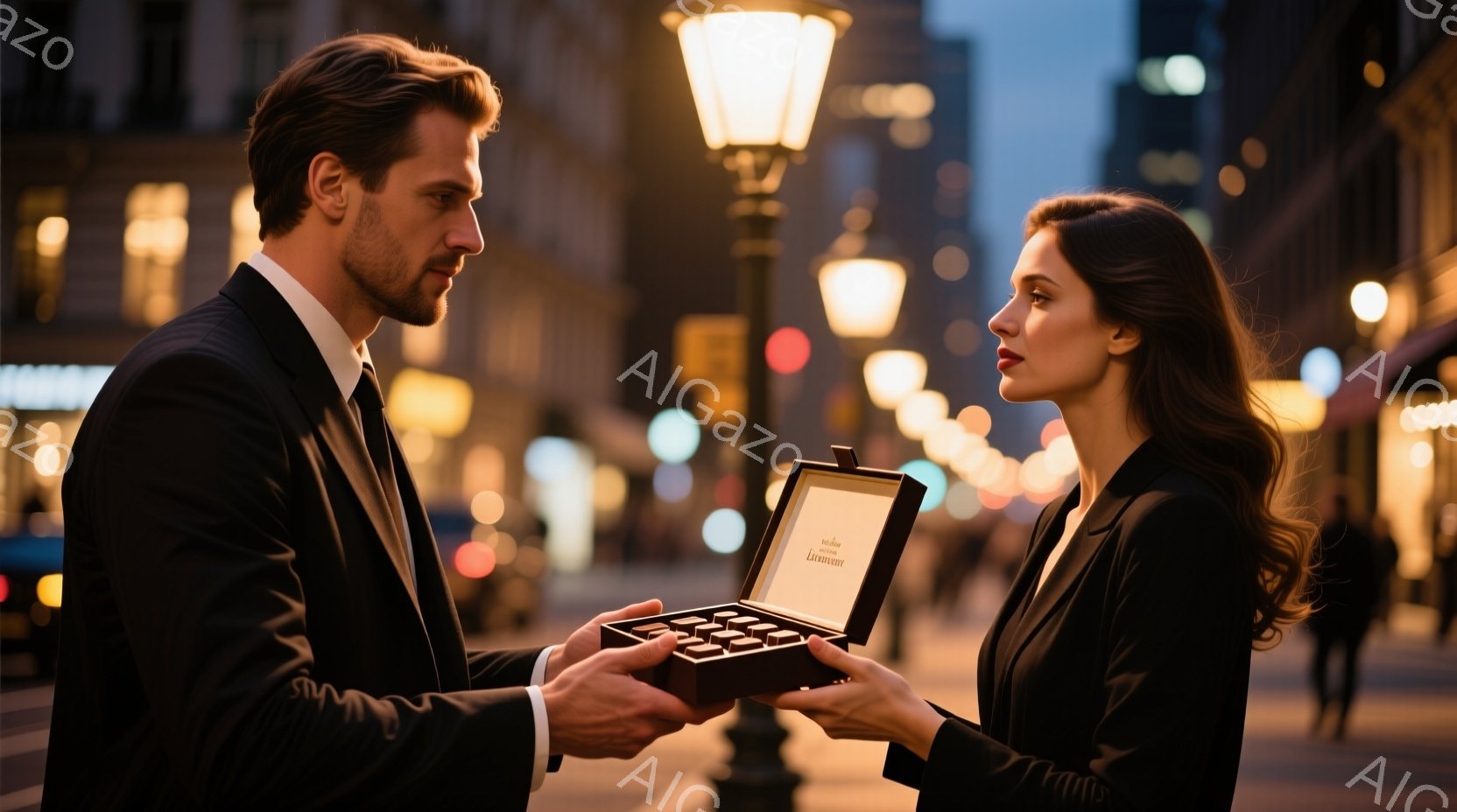 スーツを着た男性と女性が描かれています。男性は女性にチョコレートの入った箱を差し出しており、女性は少し微笑みながらそれを受けようとしています。背景は夜の街並みで、ぼやけた光が夜空を彩り、ロマンチックな - AI生成フリー素材