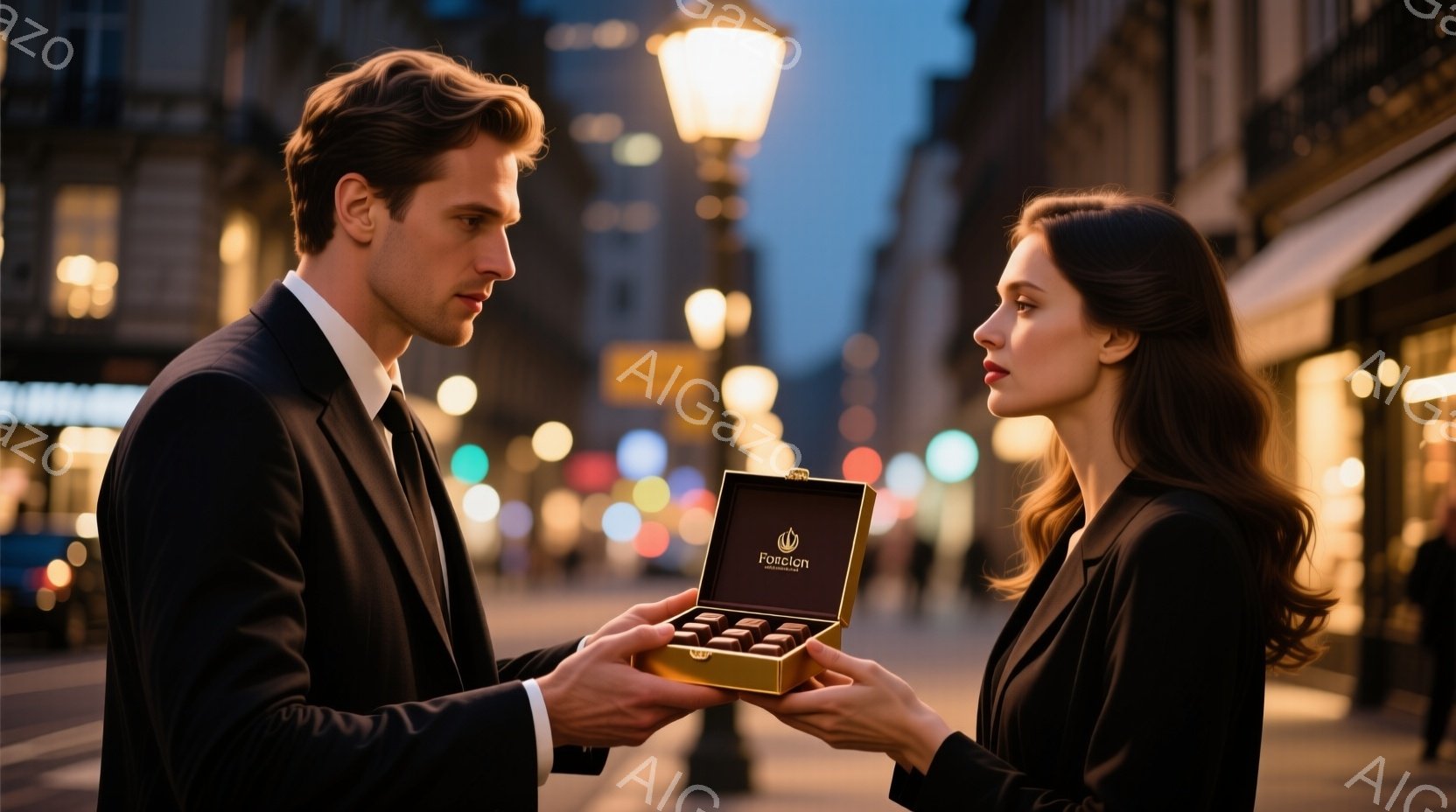街の夜景を背景に、一人の男性が女性に金色の箱を差し出している様子が描かれている。男性は黒いスーツに身を包み、整った髪型で、真剣な表情で箱を見つめている。女性は黒いドレスを着ており、髪は肩まで伸びており、箱を受け取る姿勢を見せている。