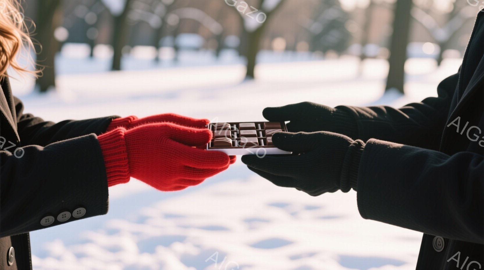 赤い手袋をはめた手が、チョコレートのバーを別の黒い手袋をはめた手へと差し出している様子が捉えられている。背景には雪に覆われた木々が並び、冬の公園のような静かで穏やかな雰囲気が漂っている。チョコレートと - AI生成フリー素材