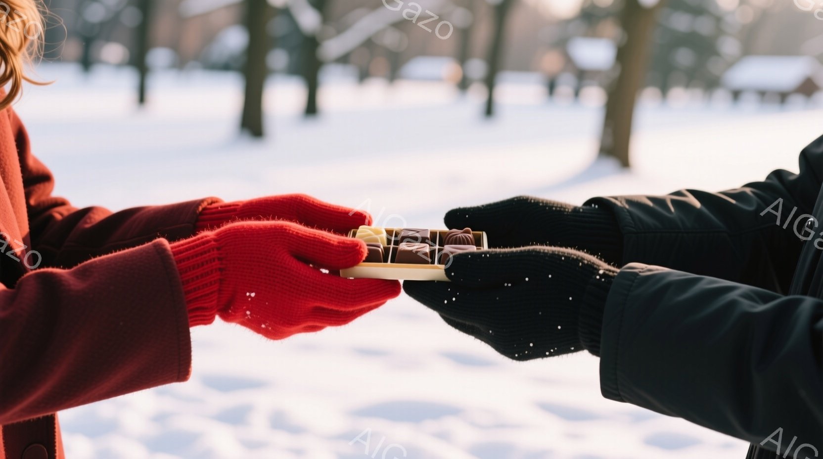 真っ赤な手袋をはめた女性と黒い手袋をはめた人物が、雪の中でチョコレートを交換しようとしています。背景は雪に覆われた公園で、遠くには木々が見え、冬の静かで穏やかな雰囲気が漂っています。チョコレートの温かさが、雪景色の中で鮮やかなコントラストを生み出しています。