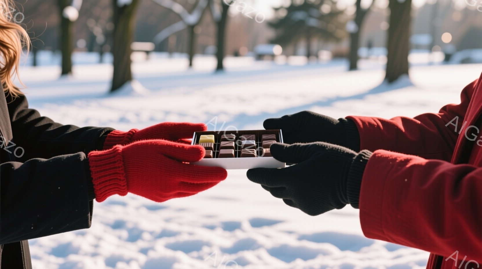 雪景色の中で、赤い手袋と黒い手袋をした二人がチョコレートの箱を互いに差し出している様子が写っている。背景には雪に覆われた木々と、ぼんやりと見える建物が見え、冬の静かで穏やかな雰囲気が漂っている。チョコ - AI生成フリー素材