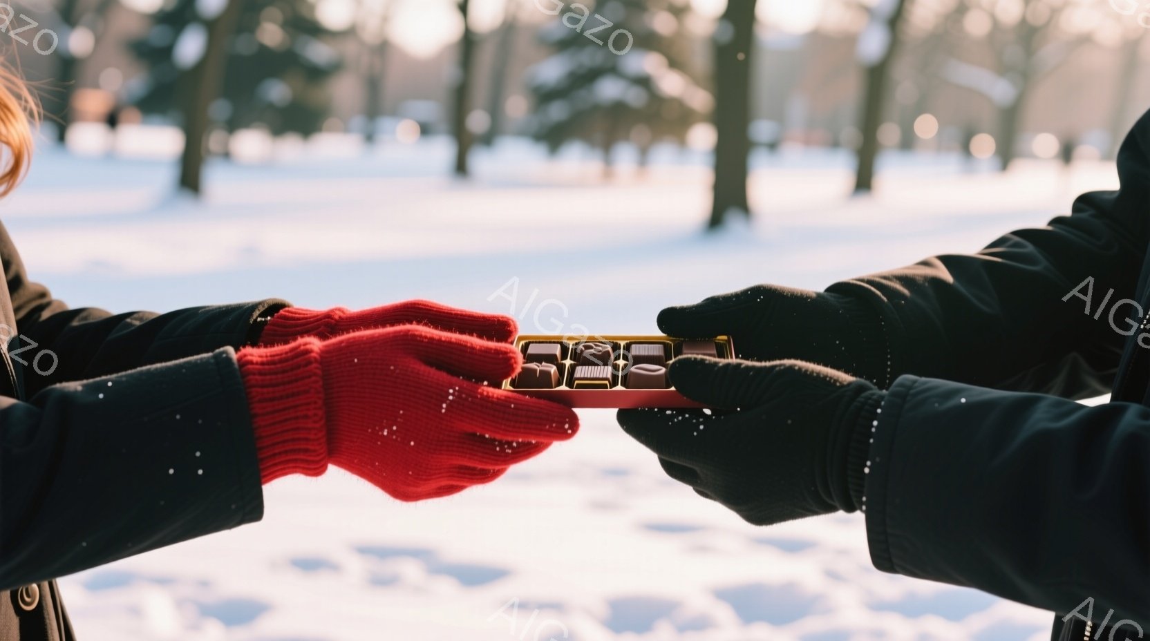 厚手のアウターと赤い手袋、黒い手袋をはめた手が、小さな箱のようなものを互いに持っています。背景は雪に覆われた公園で、木々が並び、冬の静寂な雰囲気が漂っています。光が雪に反射し、暖かさと穏やかさを感じさせる、冬の日の穏やかな光景です。