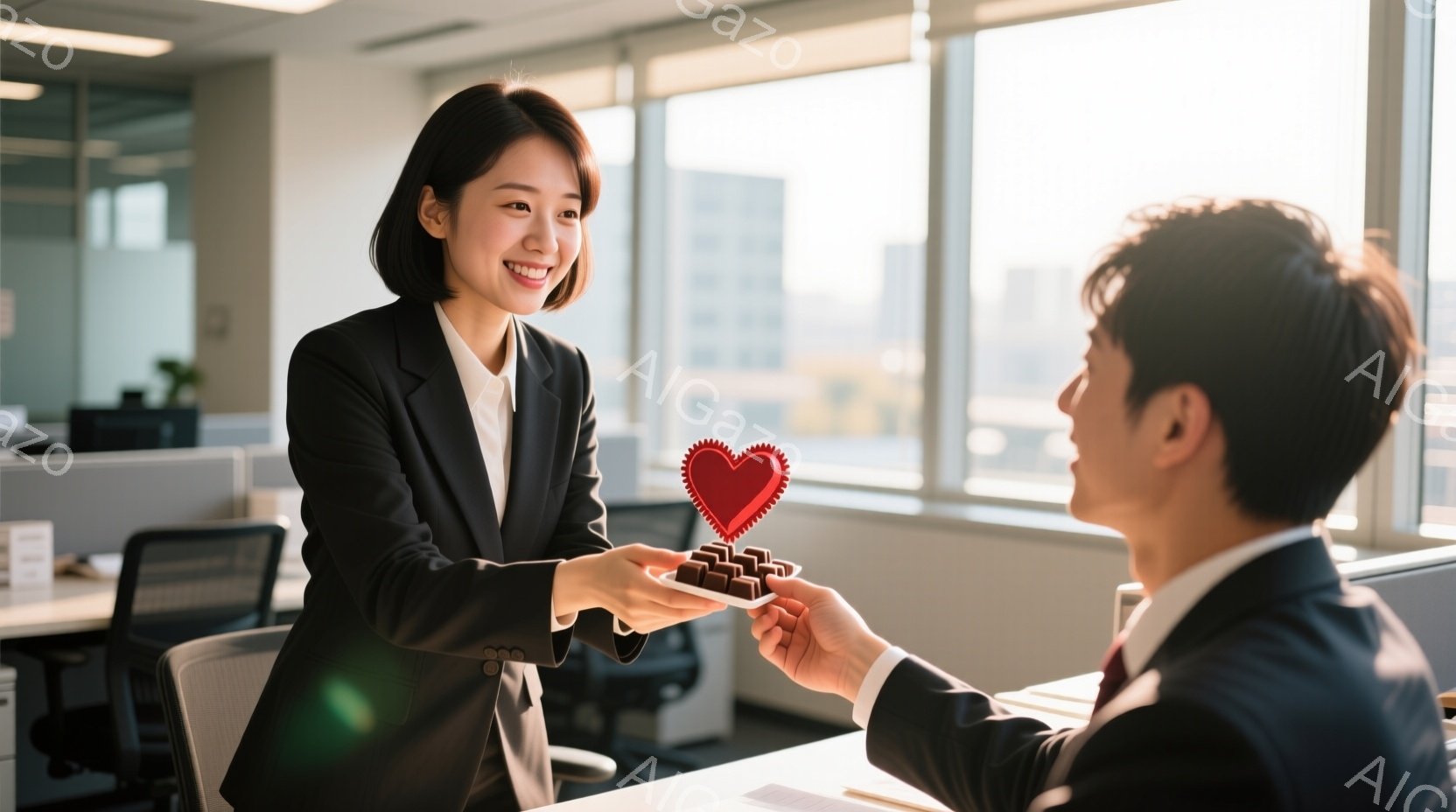 オフィスで、女性が男性にチョコレートの盛り合わせを差し出している様子が描かれています。女性は黒いジャケットと白いシャツを着ており、短い髪で笑顔を見せています。背景にはオフィス内のデスクと窓から見える都市の風景が広がり、明るい雰囲気です。