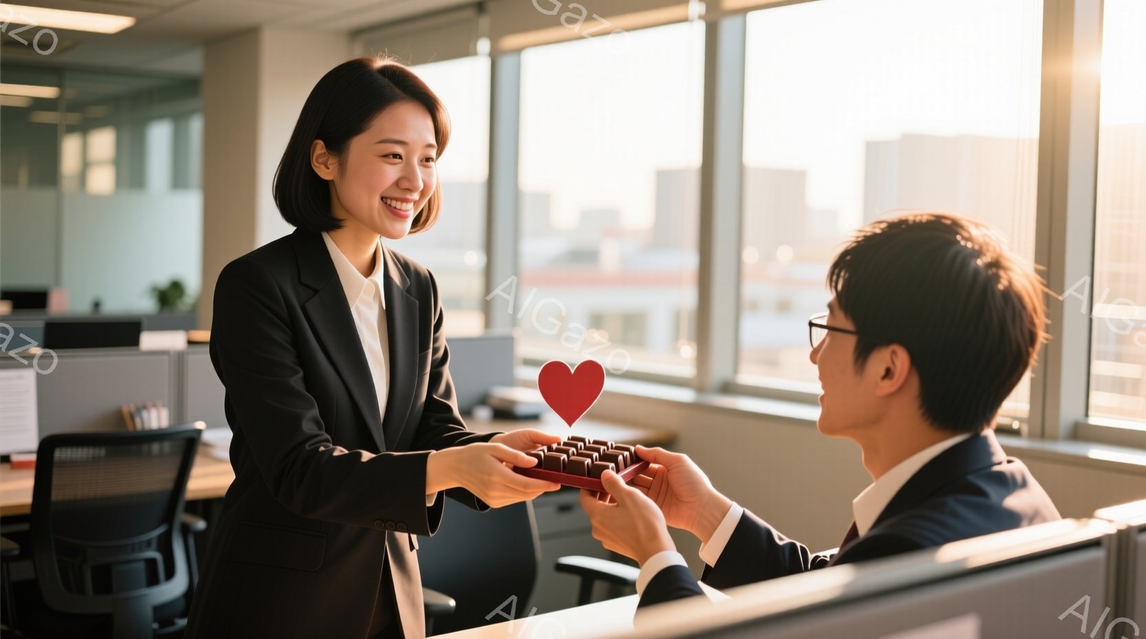 女性は黒いスーツを着ており、微笑みながら男性にチョコレートの箱を差し出しています。男性は黒いスーツを着ており、チョコレートを受け取ろうとしています。背景にはオフィスと窓から見える都市の風景があり、明るい日差しが差し込んでおり、温かい雰囲気です。