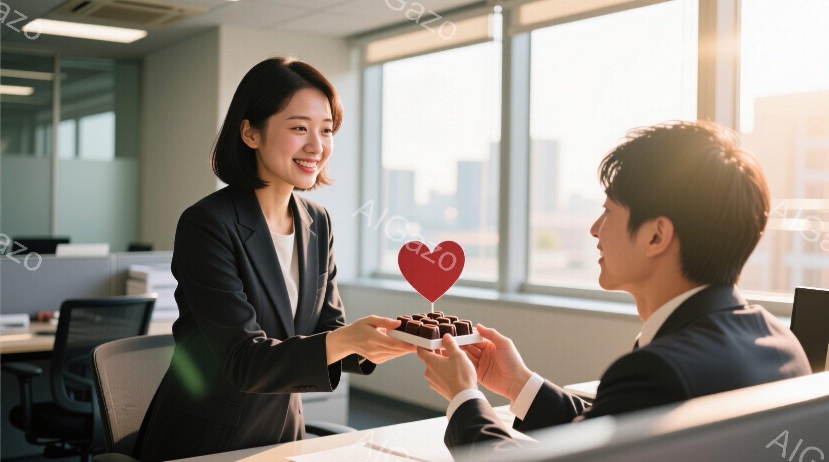 一人の女性が、チョコレートが並んだお皿を、笑顔で男性に差し出しています。女性は黒いスーツに白いシャツを着ており、短めの髪型です。背景にはオフィス内の様子が見え、窓の外には高層ビル群と晴れた空が広がっており、明るく温かい雰囲気が感じられます。