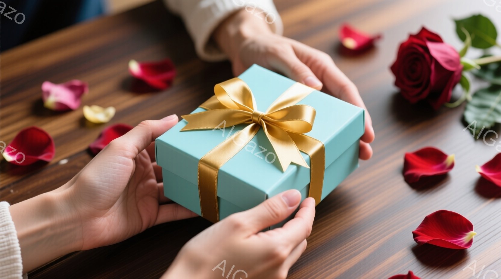 ターコイズブルーのギフトボックスが、互いに手を差し伸べた二人の間に浮かんでいます。ギフトボックスには金色のリボンが結ばれており、周囲にはバラの花びらが散りばめられています。背景は木製のテーブルで、ロマンチックで愛情あふれる雰囲気を醸し出しています。