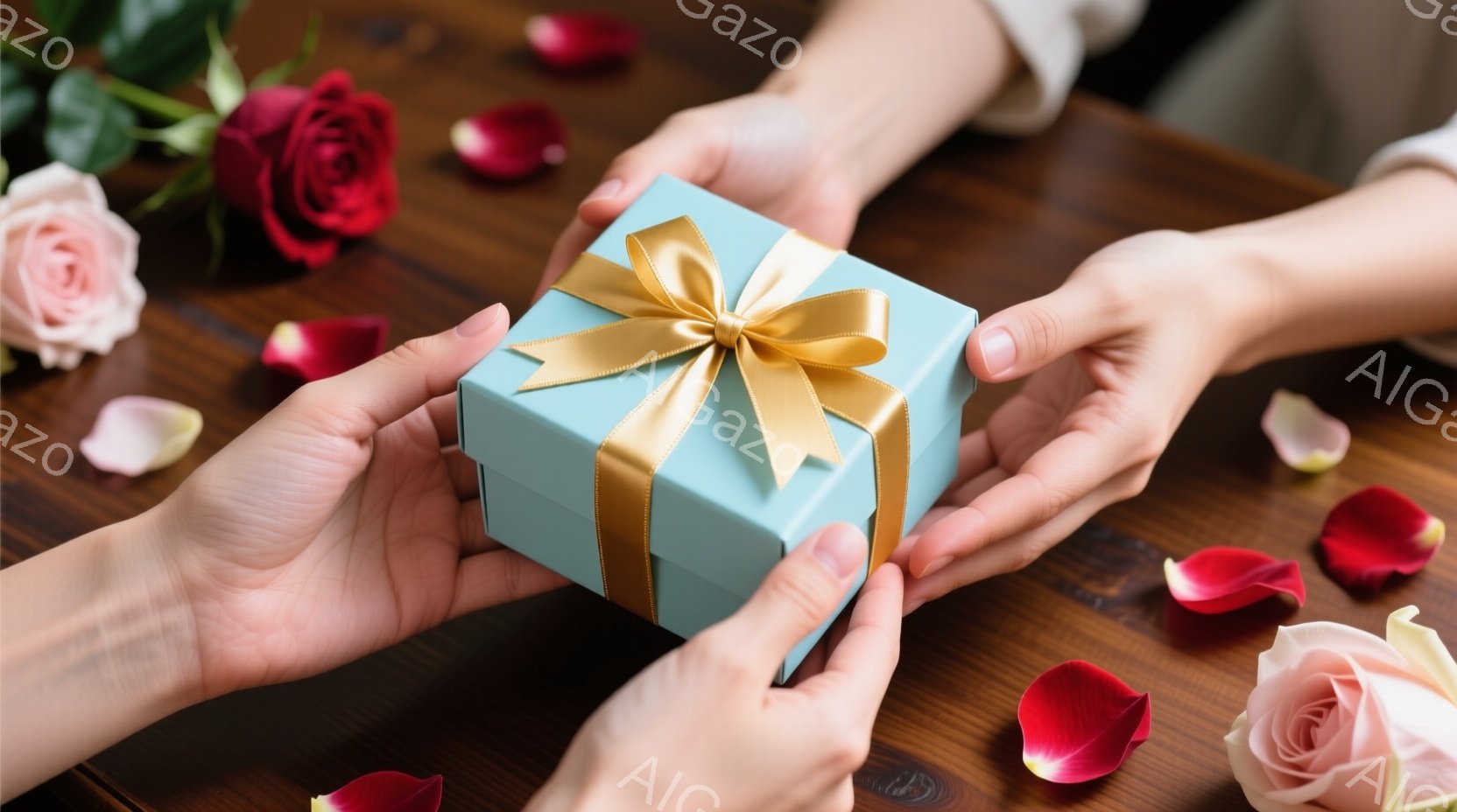 木目調のテーブルの上に、ターコイズブルーのギフトボックスが両手で差し出されている様子が写っている。箱には金色のリボンが結ばれており、周囲にはバラの花びらが散りばめられている。温かくロマンチックな雰囲気 - AI生成フリー素材