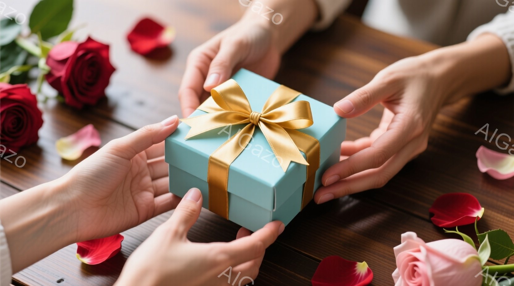ターコイズブルーのギフトボックスが、2人の手の間で受け渡されようとしています。背景には、深紅のバラの花びらが散りばめられ、木製のテーブルが暖かみを添えています。全体的に、ロマンチックで愛情あふれる雰囲気が漂っています。