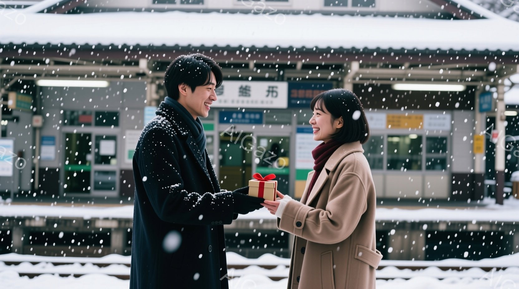 雪が降る駅のホームで、一人の男性と女性が向かい合っています。男性は黒いコートに白いシャツ、女性はベージュのコートに赤いマフラーを着用し、女性は赤いリボンで飾られた小さなギフトボックスを男性に渡していま - AI生成フリー素材