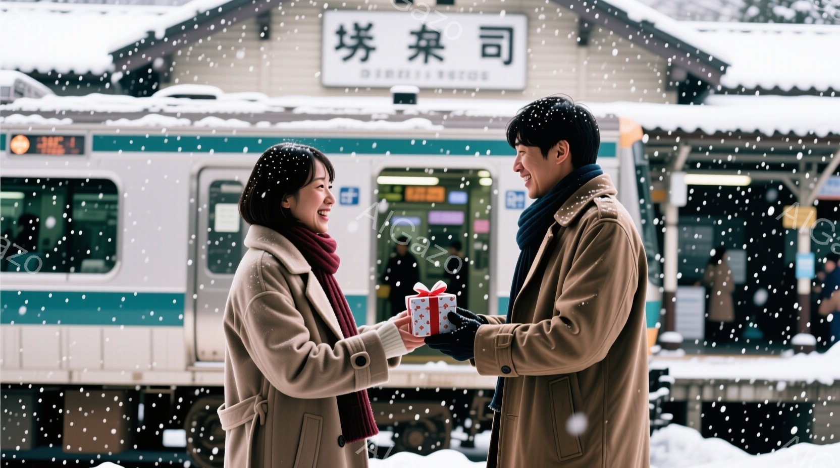 雪が降る駅のホームで、若い男女が向かい合っています。女性はベージュ色のコートに赤いマフラーを巻き、笑顔でプレゼントを受け取ろうとしています。男性は同じくベージュ色のコートを着て、小さな赤いリボンで飾ら - AI生成フリー素材