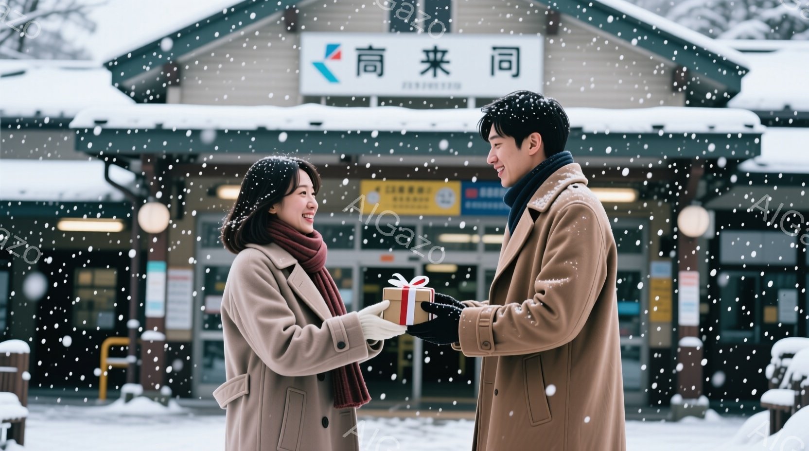 雪が降る駅のホームで、若い女性と男性がプレゼントを交換している。女性は明るい色のコートに赤いスカーフを巻き、微笑みながらプレゼントを受け取ろうとしている。男性はベージュのコートを着て、優しく微笑みながらプレゼントを渡している様子は、温かくロマンチックな雰囲気を醸し出している。