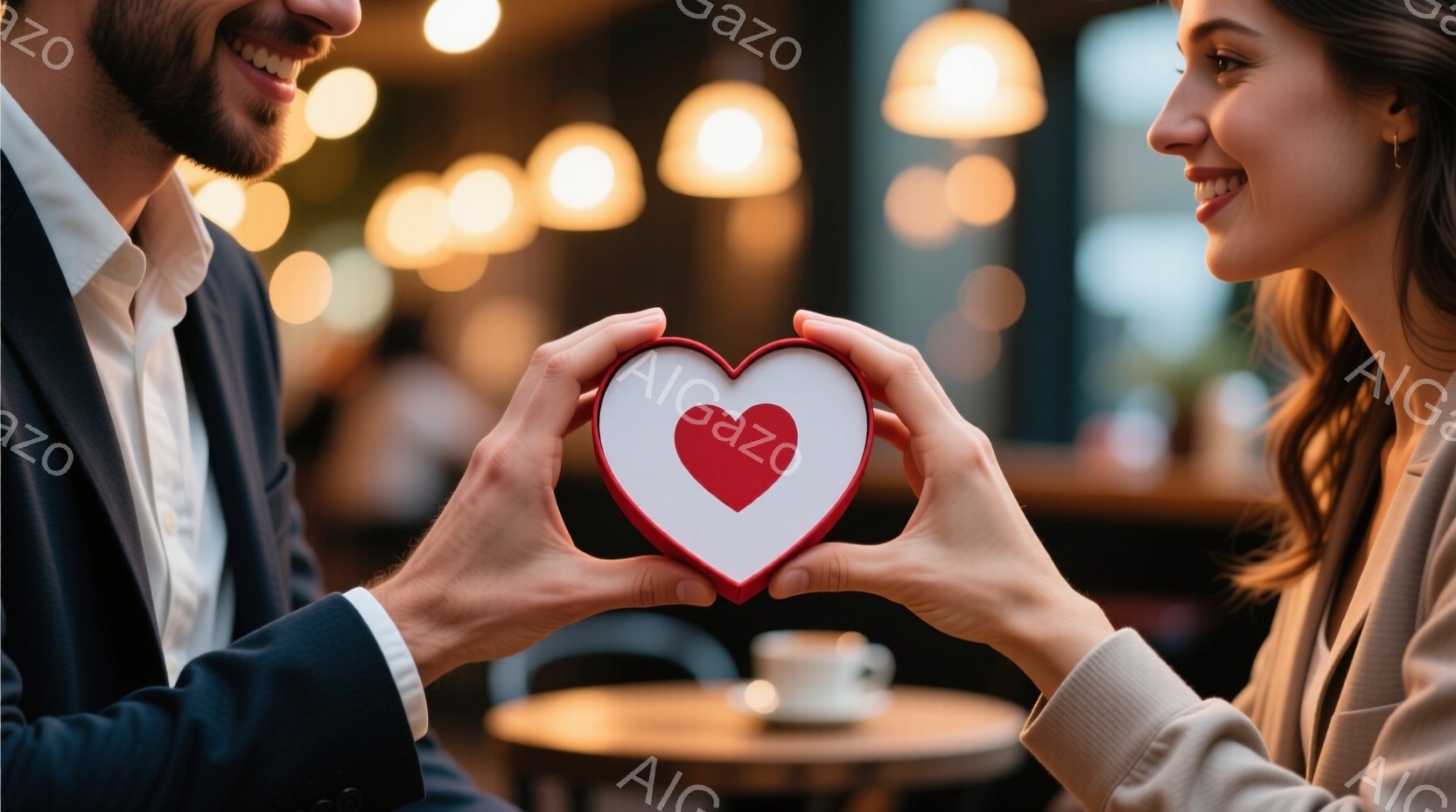 浅黒い髪と髭を生やした男性と、長い茶髪の女性が、互いに心臓の形をした赤い箱を手に持っています。二人は顔を見合わせ、微笑んでおり、箱は二人の間に浮かんでいます。背景にはぼやけたカフェの様子が見え、温かく - AI生成フリー素材