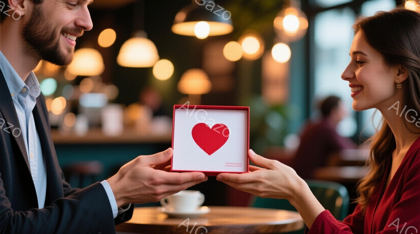 長い髪を後ろでまとめた女性と、口ひげを生やした男性が、互いに向き合い、プレゼントの箱を交換しようとしています。箱は白く、中央に赤いハートが描かれており、ロマンチックな雰囲気を醸し出しています。背景には - AI生成フリー素材