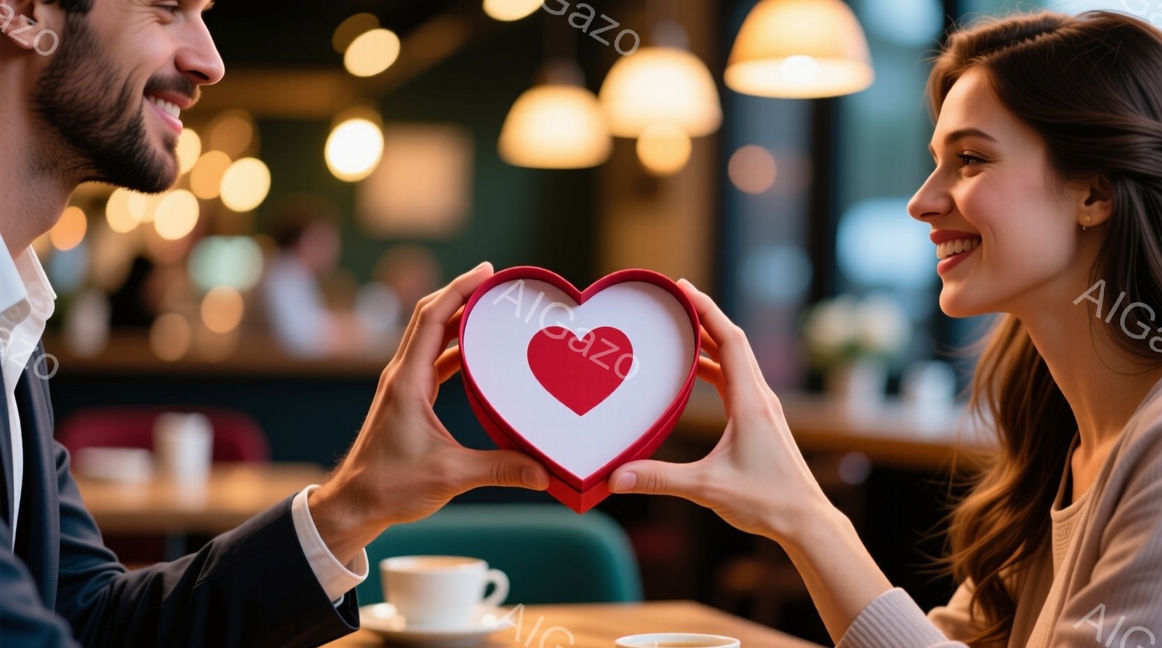 一対の恋人がレストランで愛の贈り物を受け渡している様子が描かれています。男性は黒いジャケットを着ており、女性はベージュのセーターを着ています。背景にはぼやけたレストランの光と他の客が見え、温かくロマンチックな雰囲気を醸し出しています。