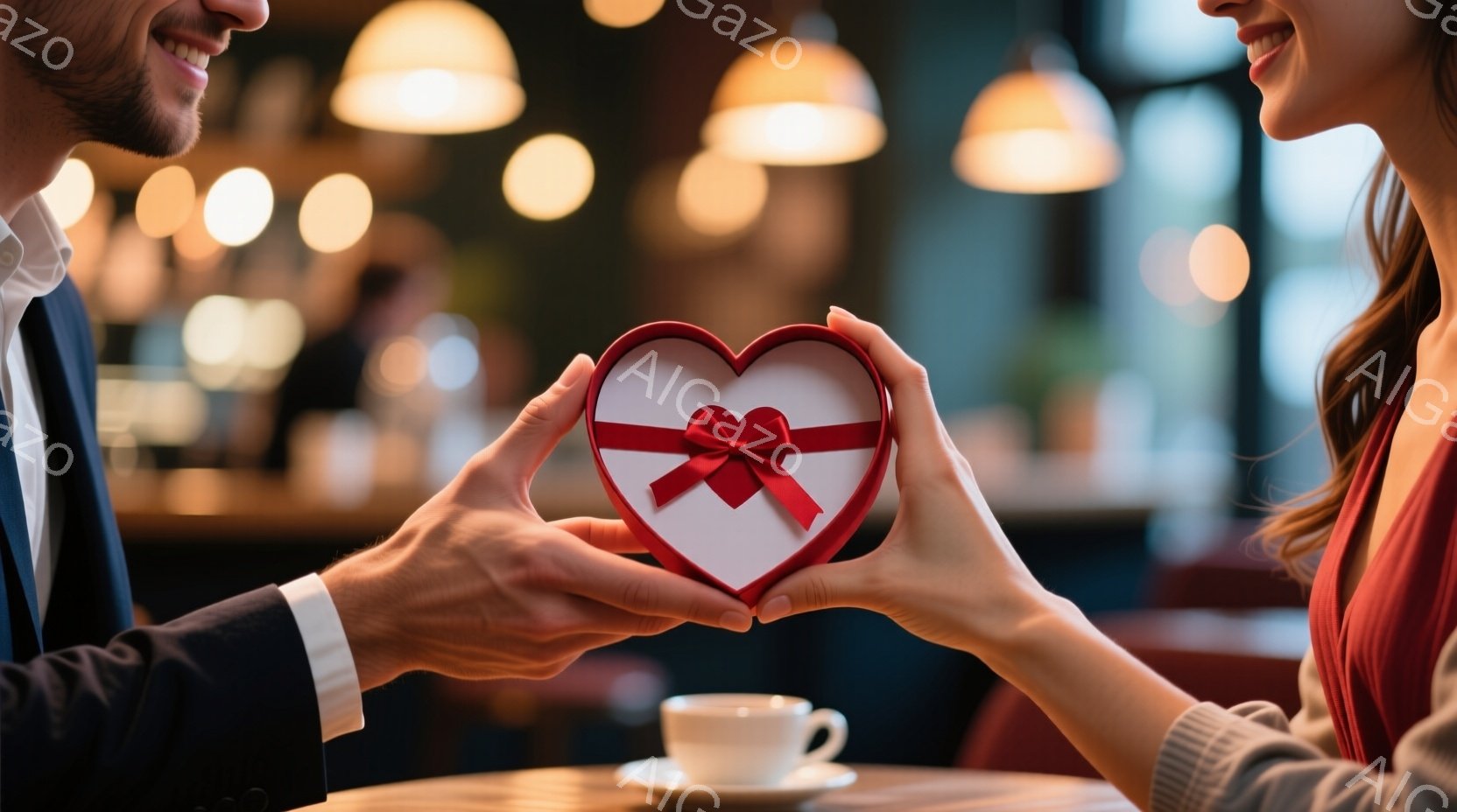 一対の男女がテーブルを挟んでお互いに向き合い、赤いハート型のギフトボックスを交換しようとしています。男性は紺色のスーツに白いシャツを着ており、女性は赤いドレスとグレーのカーディガンを着ています。背景に - AI生成フリー素材
