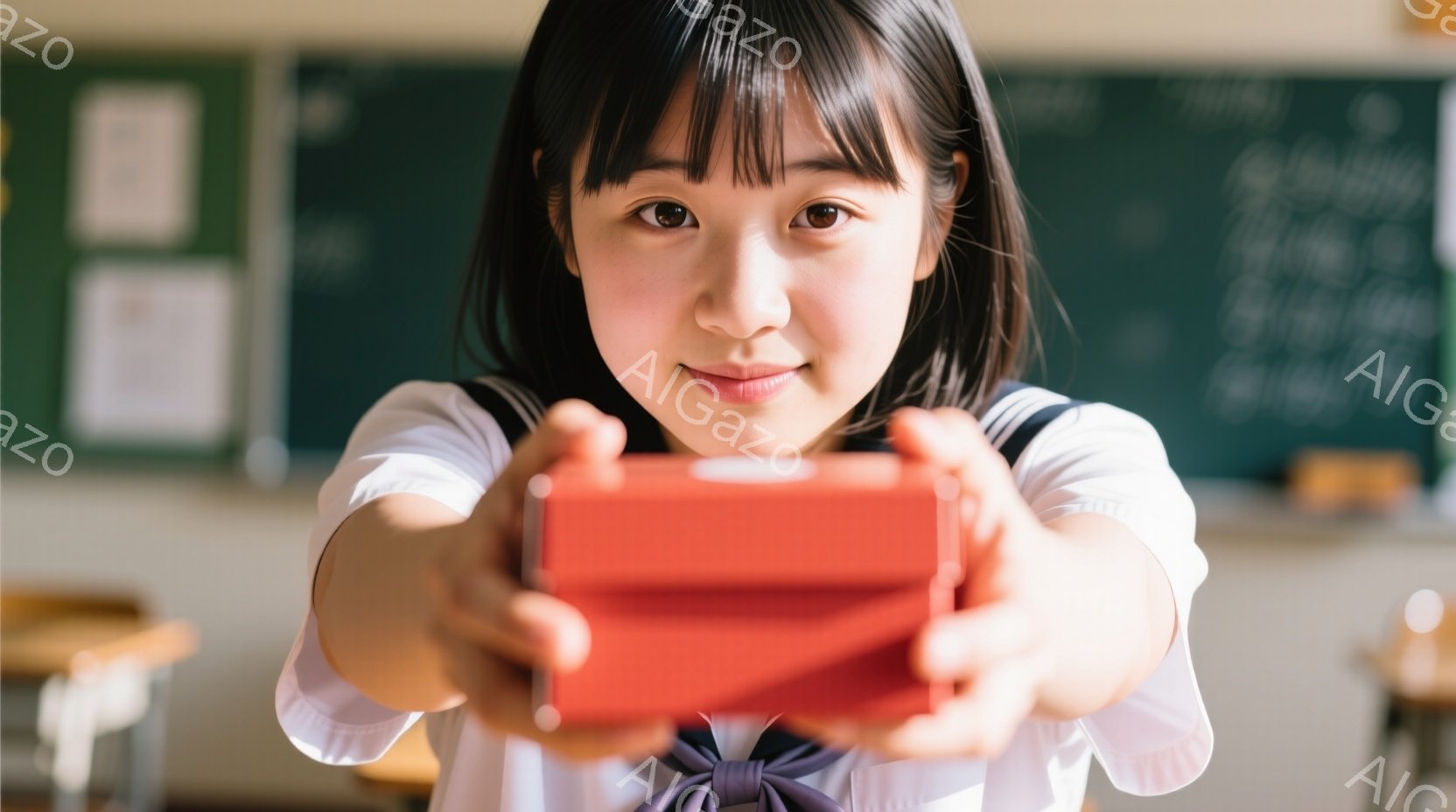 制服姿の若い女性が、赤い箱をカメラの方へ差し出している。彼女は短い前髪と、リボン付きの清楚なヘアスタイルで、微笑みを浮かべている。背景には教室らしきものが映っており、少しぼやけているが、授業が行われている場所であることがわかる。
