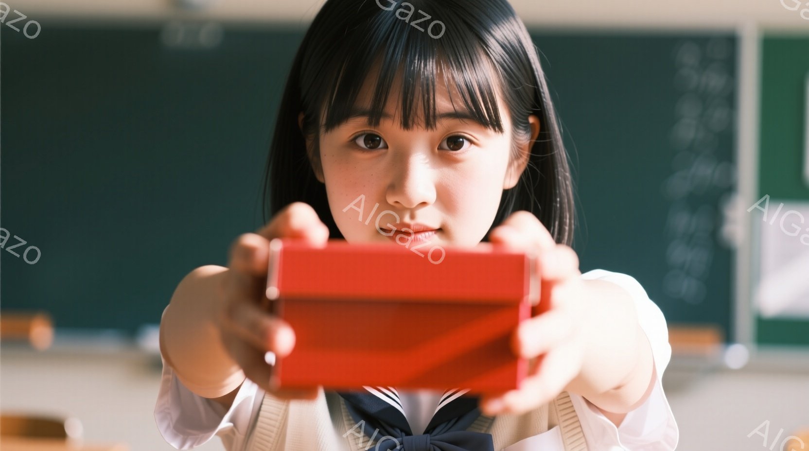 制服を着た若い女性が、両手で赤い箱を前に差し出している様子を捉えています。彼女は黒髪のストレートヘアで、少し微笑んだ表情をしており、箱は彼女に非常に近い位置にあります。背景には、黒板と教室の椅子が見え、学校の教室であることがわかります。