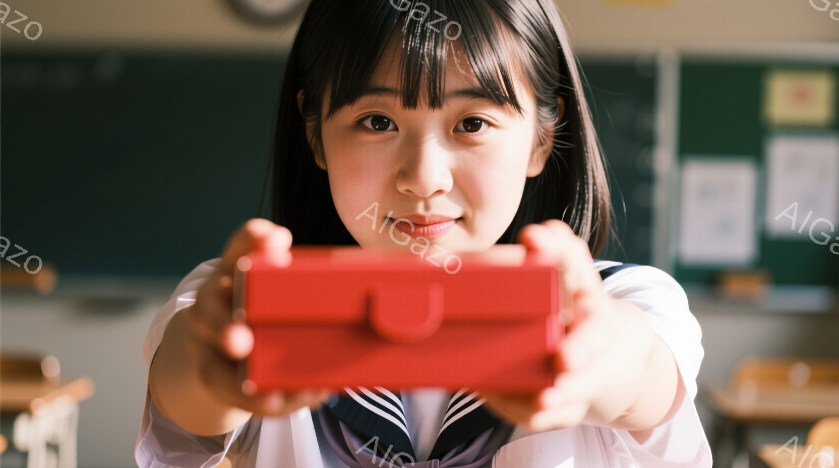 制服姿の女子学生が、赤い文箱を正面に向けて両手で差し出している。彼女は黒髪のストレートヘアで、穏やかな微笑みを浮かべており、教室の背景がぼやけて見える。教室には木製の机と椅子があり、壁には掲示物が貼られている、暖かく親しみやすい雰囲気の写真である。