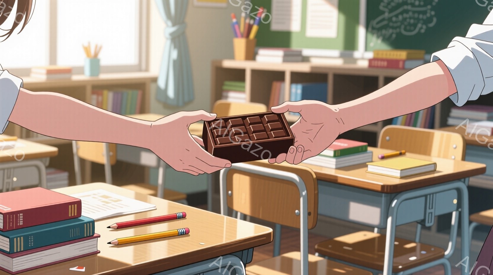 明るい教室で、一人の人物がチョコレートの箱を別の人物に差し出している様子が描かれている。差し出している手は、淡いピンク色のシャツを着ている人物のもので、受け取る側の人物は視界に入っていない。教室には木 - AI生成フリー素材