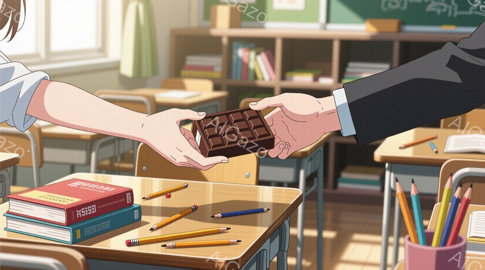 教室の机の上で、一人の少女が誰かにチョコレートを差し出している場面です。少女は茶色の長い髪をしており、白シャツに茶色のベストを着ています。机の上には教科書や鉛筆が散らばっており、背景には他の机や棚が見え、明るく清潔な教室の雰囲気が漂っています。