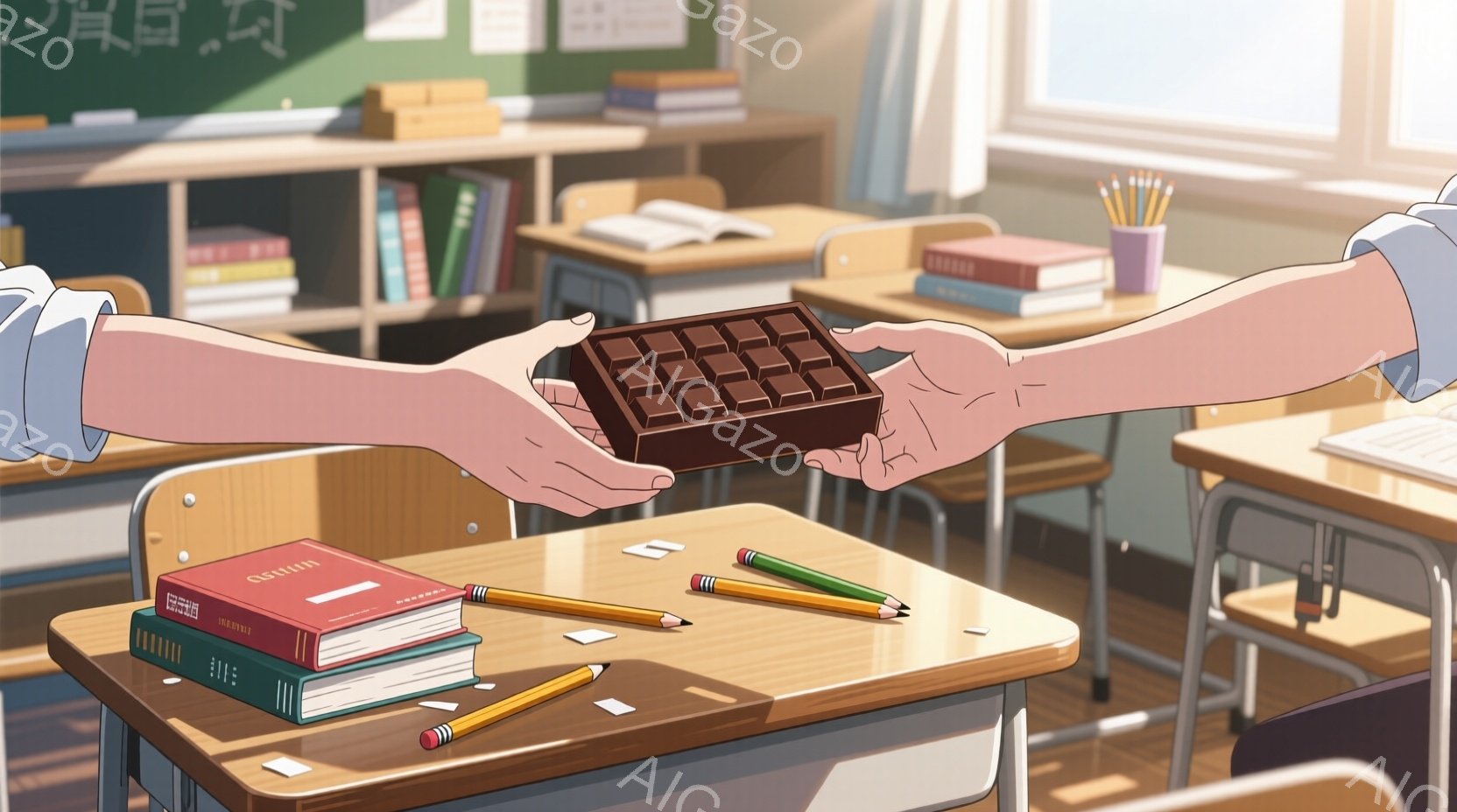 教室の机の上で、チョコレートが誰かから誰かに渡されようとしている場面だ。机の上には、赤い表紙の教科書、鉛筆、紙の切れ端が散らばっており、背景には他の机と椅子が見える。明るい光が差し込み、全体的に穏やかで少し甘い雰囲気を醸し出している。