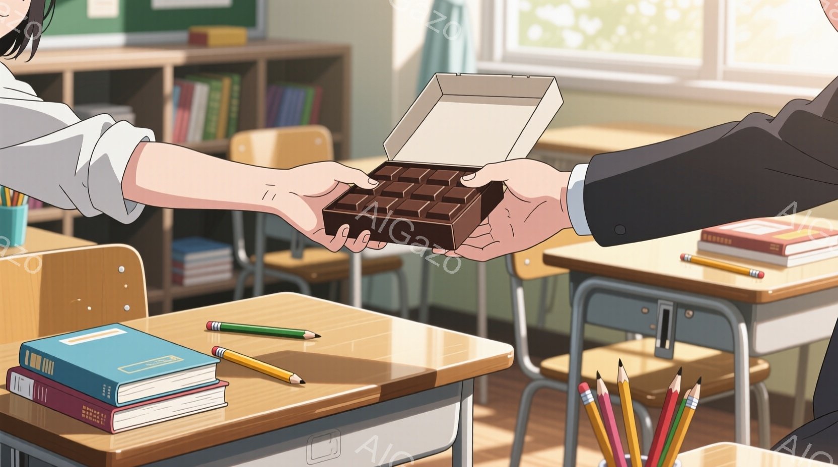 教室の机の上で、一人がチョコレートの箱をもう一人に差し出している場面です。 チョコレートの箱は開いており、中には茶色いチョコレートが並んでいます。 背景には他の机や椅子が見え、教室の穏やかな雰囲気が伝 - AI生成フリー素材