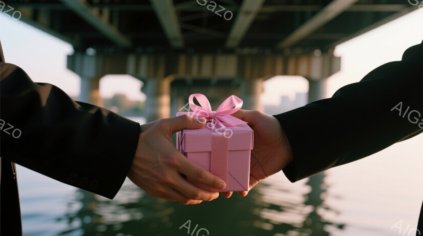 黒いスーツの袖が、ピンク色のリボンで飾られた小さなギフトボックスを互いに向かって伸ばしている様子が捉えられています。背景には、ぼやけた都市のスカイラインと、夕焼けのような柔らかな光が広がり、ロマンチッ - AI生成フリー素材
