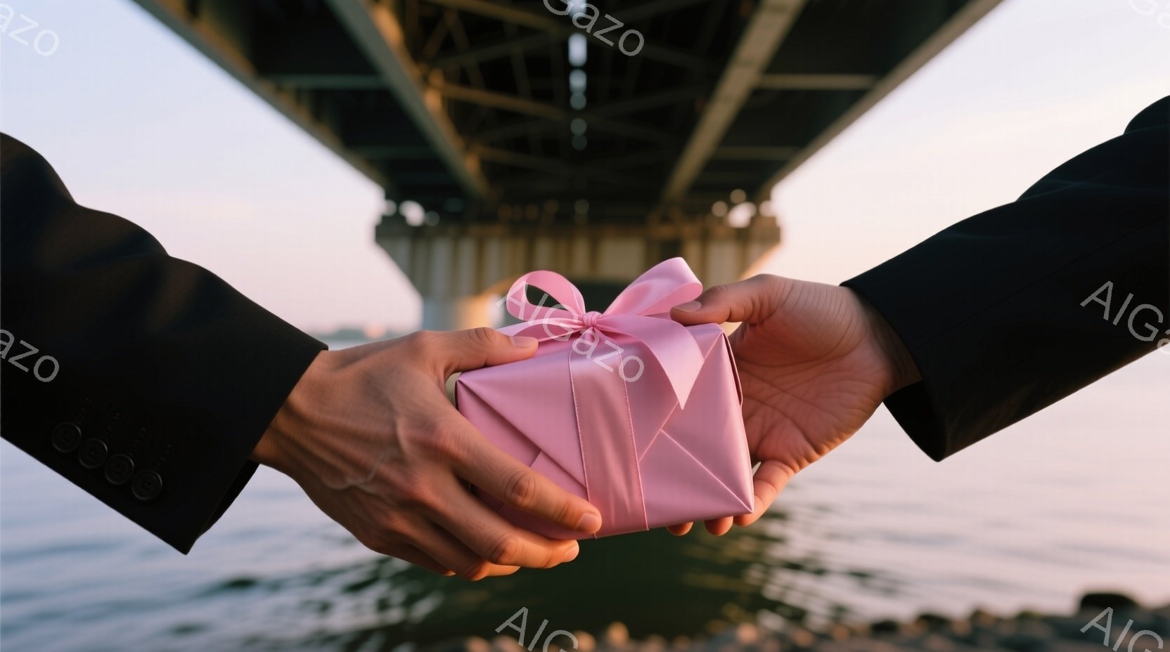 画面には、片手にピンク色のリボンで結ばれた小さなギフトボックスが乗っています。ギフトボックスを差し出しているのは、黒いスーツの袖が見える人物で、背景には穏やかな水面と橋の構造物がぼやけて見えます。 全体的に穏やかでロマンチックな雰囲気で、贈り物をする瞬間を捉えているように見えます。