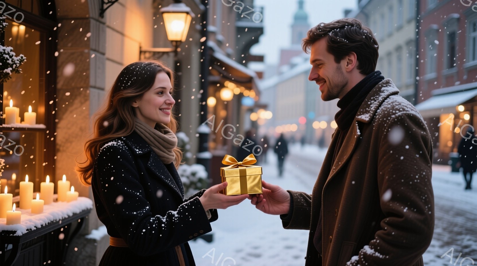 雪が舞う街中で、女性が男性からプレゼントを受け取ろうとしている場面です。女性は黒いコートにオレンジ色のスカーフを巻き、長い茶髪を肩にかけ、微笑んでいます。男性は茶色のジャケットを着ており、笑顔でプレゼ - AI生成フリー素材