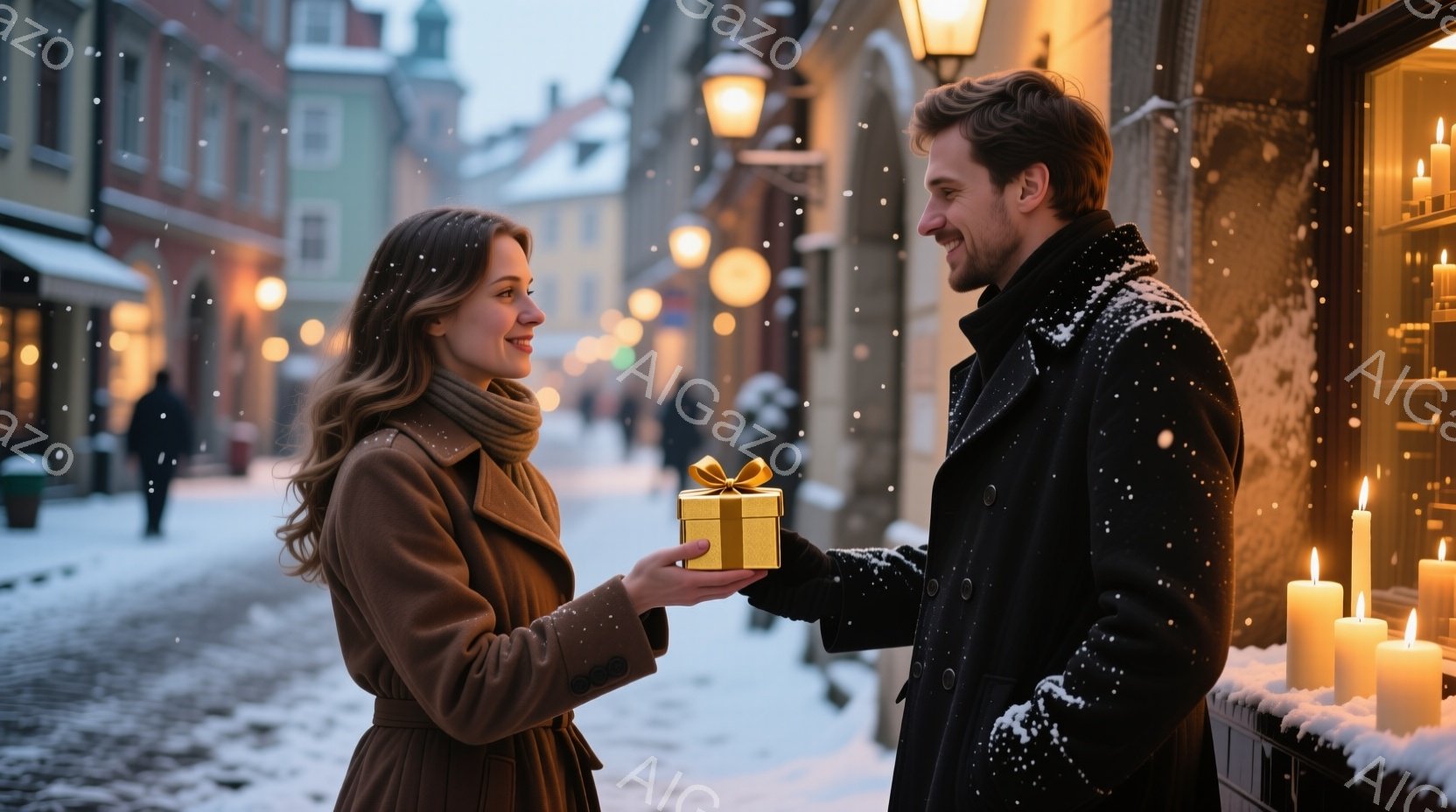 雪が舞う街並みで、茶色のコートを着た女性が、黒いコートを着た男性から金の箱入りのプレゼントを受け取ろうとしている姿が描かれている。女性は髪をサイドに流し、微笑みを浮かべており、男性も優しい表情でプレゼ - AI生成フリー素材