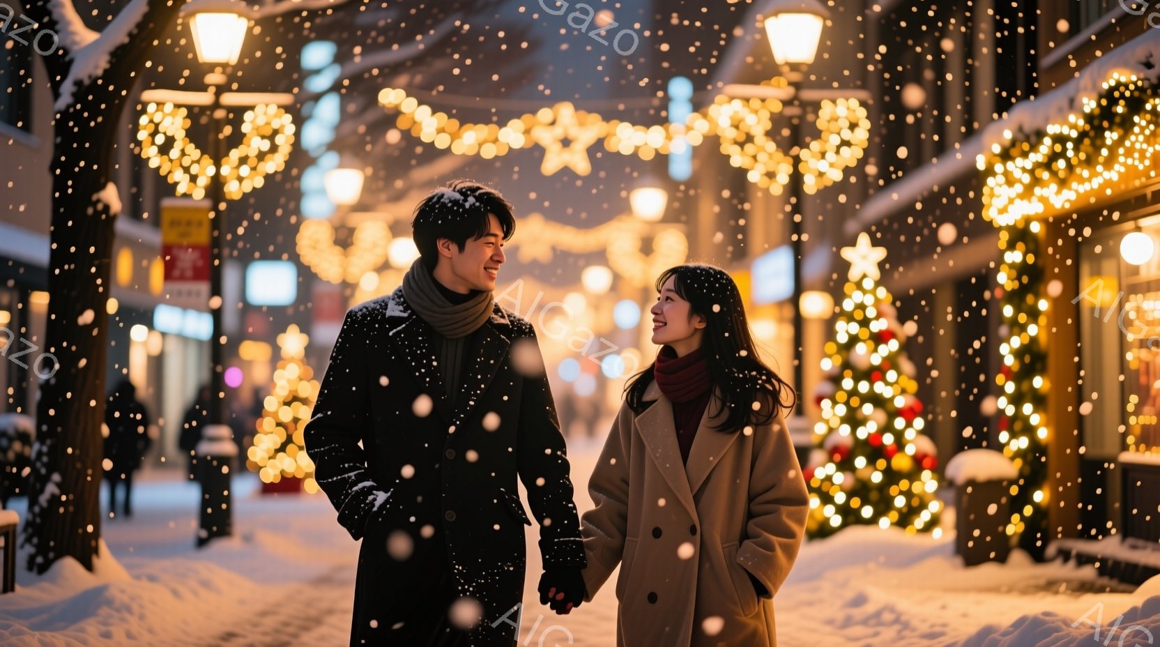 雪が降る街中で、若い男女が手をつないで歩いている。男性は黒いコートにマフラーを巻き、女性は白いコートに赤いマフラーを巻いており、互いに微笑み合っている。背景にはクリスマスツリーやイルミネーションが飾ら - AI生成フリー素材