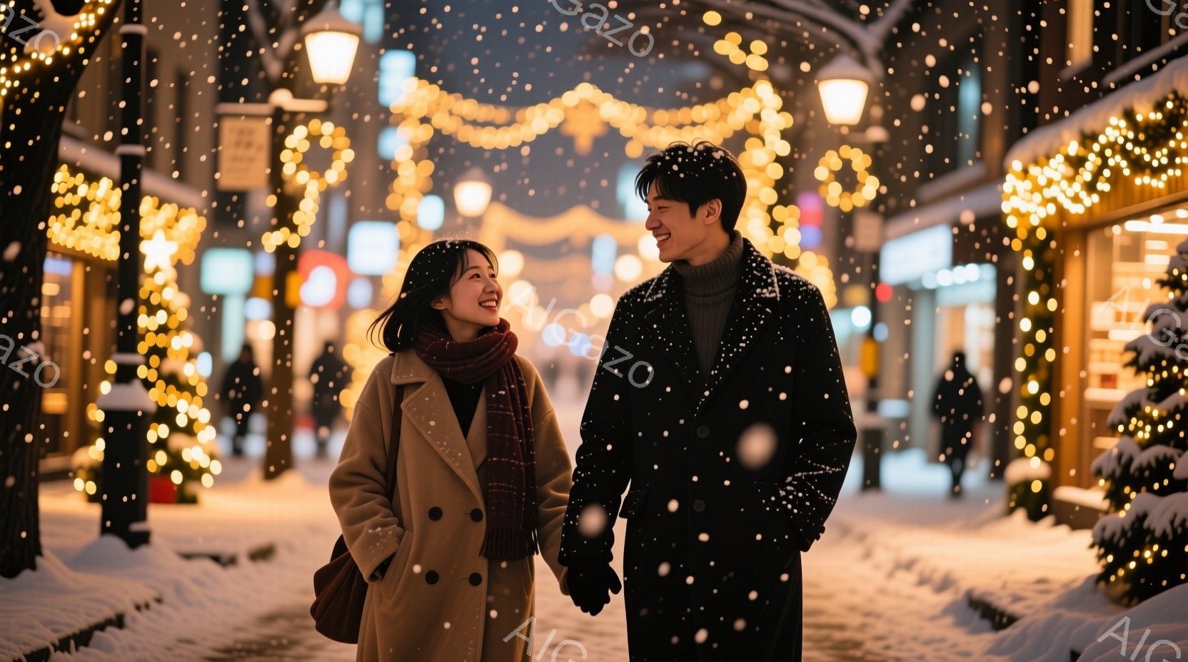 雪が舞う街並みを、コートを着た男女が手をつないで歩いている。女性は明るい笑顔で、茶色のコートに赤いマフラーを巻き、男性は黒いコートを着て穏やかな表情をしている。背景には、クリスマスイルミネーションが輝 - AI生成フリー素材