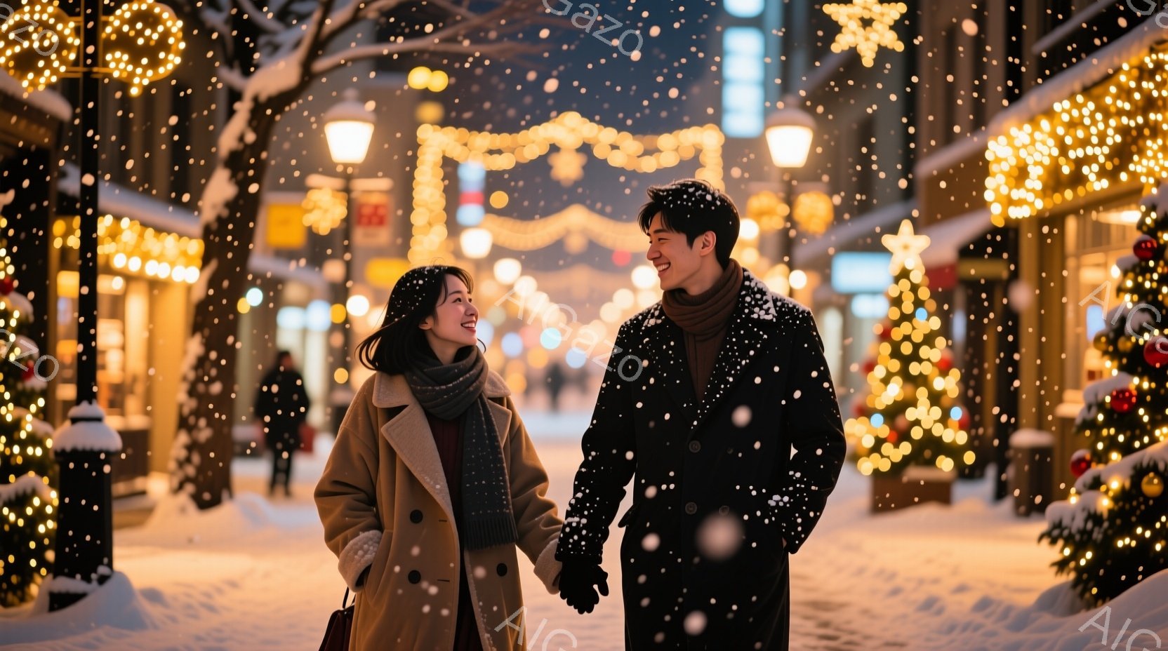 雪が降り積もる街中で、若い男女が手をつないで歩いている。女性はベージュのコートにマフラーを巻き、微笑んでいる。男性は黒のコートを着ており、女性を見つめながら嬉しそうに笑っている。 - AI生成フリー素材