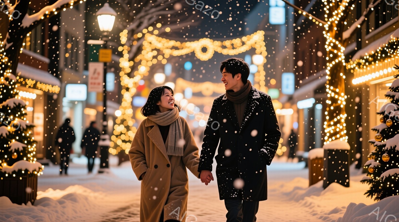 雪が舞う街並みを男女が手をつないで歩いている。女性はベージュ色のコートにオフホワイトのマフラーを巻き、笑顔を見せている。男性は黒いコートを着ており、女性の方を見て微笑んでいる。背景にはクリスマスのイル - AI生成フリー素材