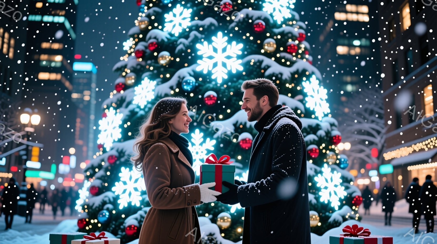 クリスマスツリーの明るい光の下で、若い男女がプレゼントを交換し合っています。女性は茶色のコートを着て、ゆるやかなウェーブのかかった髪を持ち、笑顔でプレゼントを受け取ろうとしています。男性は黒いコートを - AI生成フリー素材