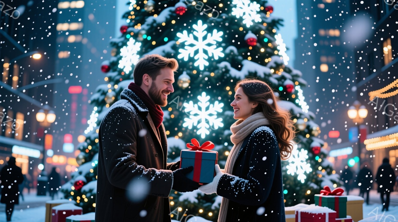 街のクリスマスツリーの前で、若い男女がプレゼントを交換しています。男性は黒いコートと赤いマフラーを身につけ、女性は黒いジャケットと白いスカーフを着用しており、お互いに微笑み合いながらプレゼントを受け渡 - AI生成フリー素材